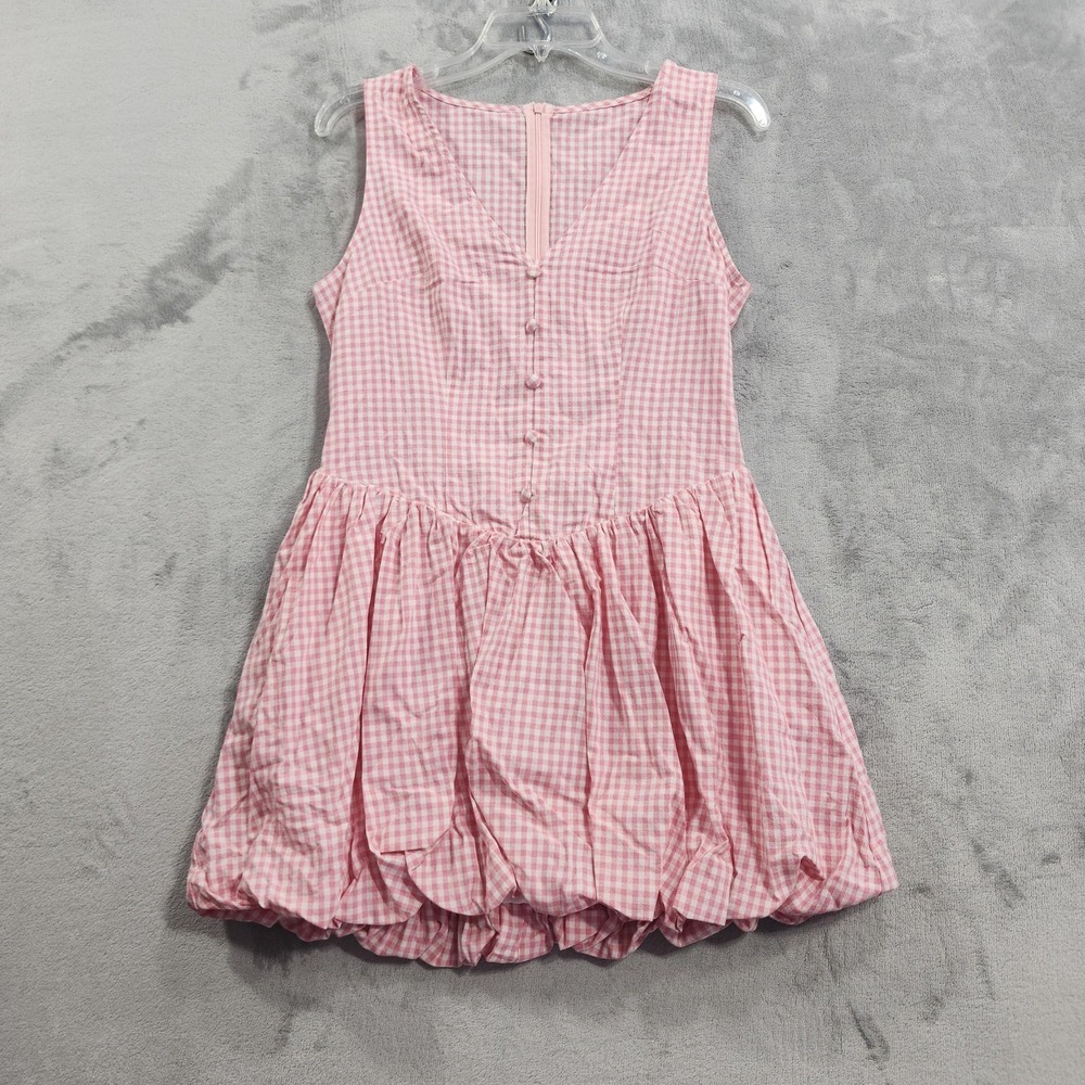 NEW Cider Dress Womens M Pink Gingham Bubble Hem Sleeveless V-Neck Mini Sundress